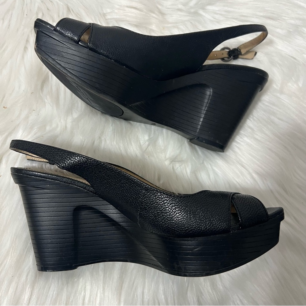 Marc Fisher Black Leather Peep-Toe Slingback Rockabilly Platform Wedges 6.5